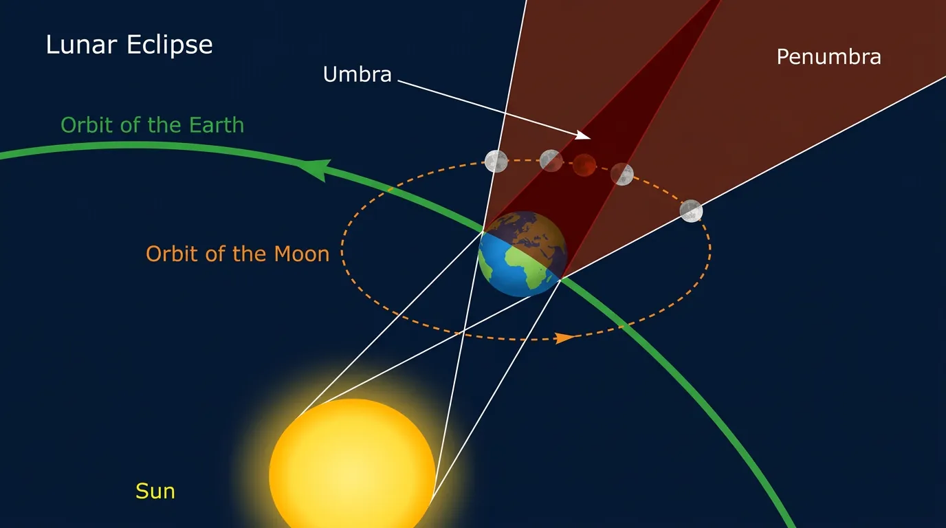 Diagram of a lunar eclipse: sunlight from the Sun is blocked by the Earth, which casts an umbra and a penumbra, and the Moon travels through them along its orbit.