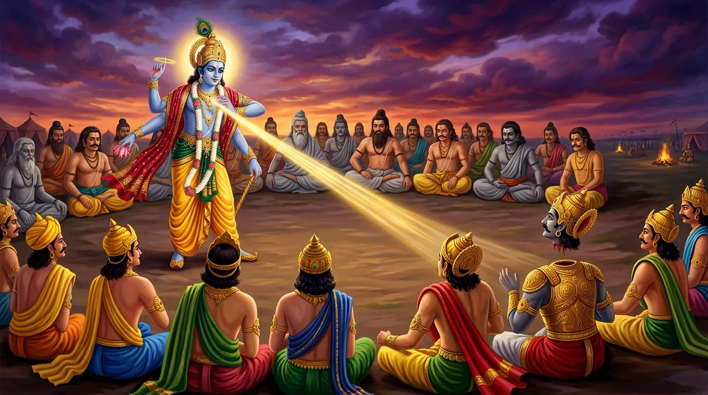 Mythological painting of Vishnu (Krishna), crowned with a peacock feather and ringed by a golden halo, beheading the demon Rahu with the Sudarshana Chakra while gods, sages and asuras watch.
